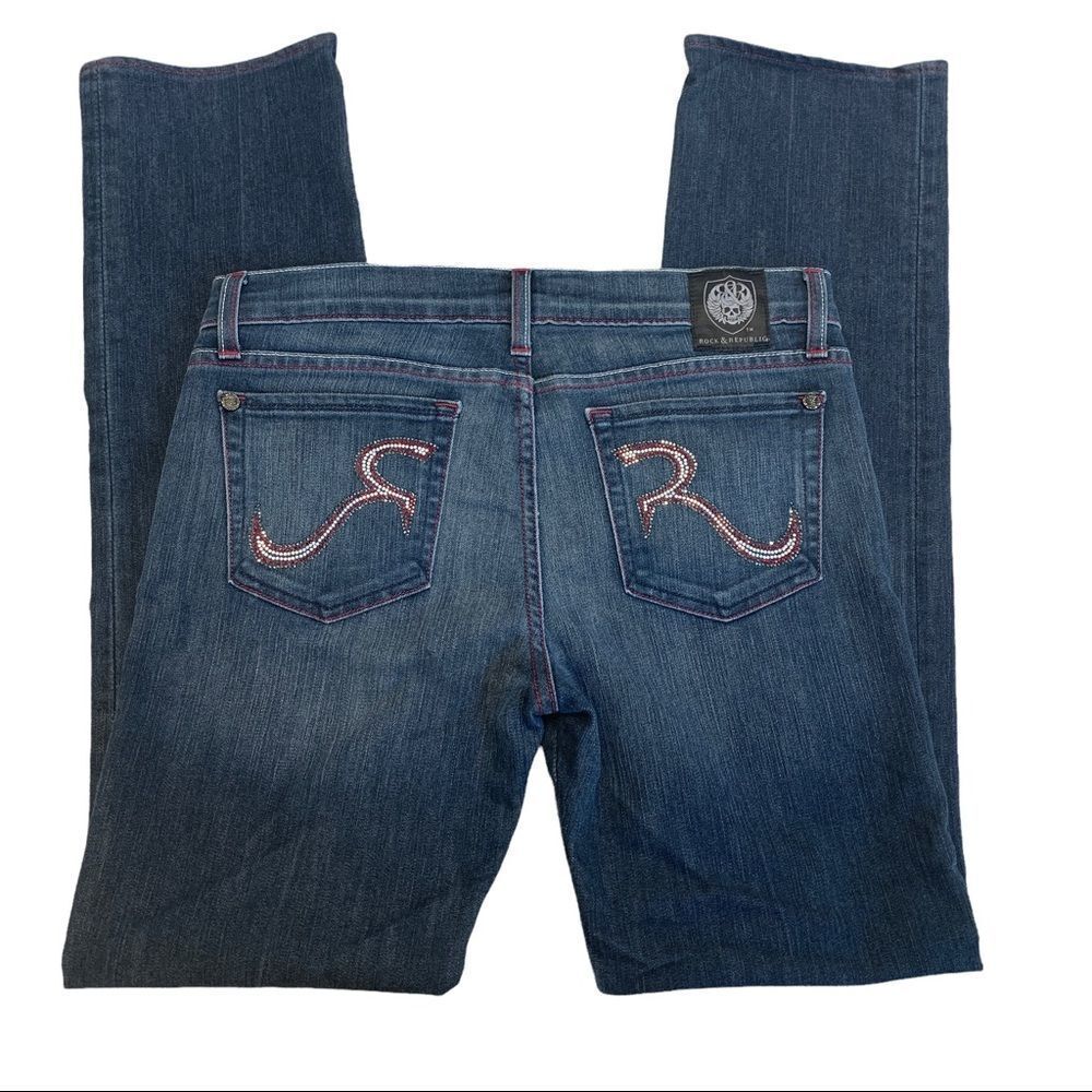 Rock & Republic Stella denim jeans Red Crystal Rhinestone pockets Sz 28 Stampede